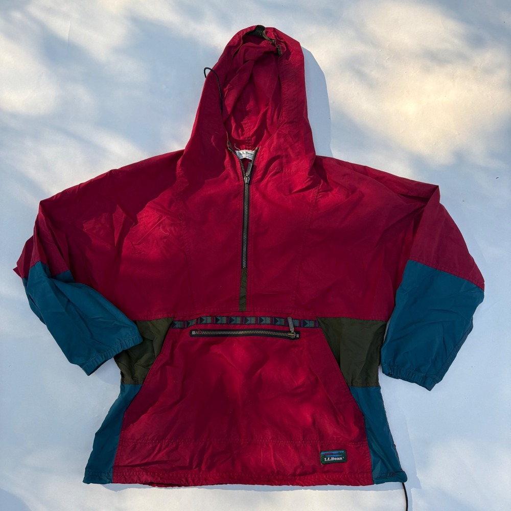 Vintage LL Bean Anorak Windbreaker Jacket Red Teal Colorblock Aztec Trim USA L
